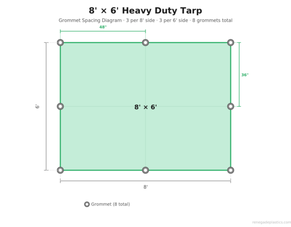 Grommet spacing on the 8x6 tarp is shown. There is one grommet at each corner and one in the middle of each side.